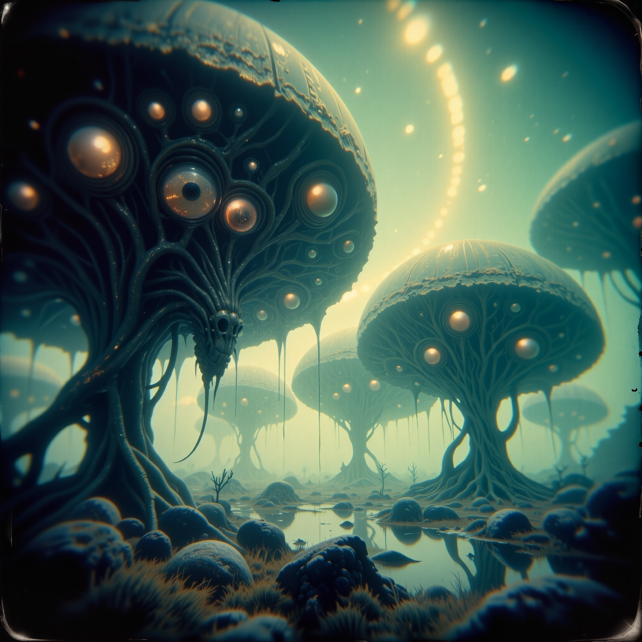 strange and otherworldly scenery on a distant planet, highly detailed background, masterwork, very aesthetic, extremely detailed, award-winning pinhole photography, retrofuturism style, the "chitinous starkhans", a supernatural and hypnotic mollusk with psychic powers emenating from its nultinkering snoiler, it likes to lay in ambush within the tranquil ponds of the lush scrumblefuzzered oases that dot the colorful jiggered deserts of the accursed paradisical planet "siralos quartus", stay away vogons, this planet is just horribly nice, aidmaimageupgrader, <lora:image_upgrader-v0.3-flux-by_aidma:0.44> <lora:style-eldritch_pinhole_photography-flux-by_eldritchadam:0.84>