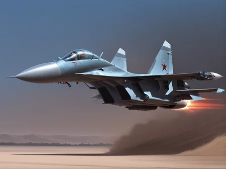 <lora:Su-27_Illustrious:1.1>,su-27 fighter jet, high‑G turn in fiery dogfight, flares bursting, sandstorm haze below, rival aircraft silhouette, intense action, cinematic motion blur, gritty realism, masterpiece, best quality, amazing quality