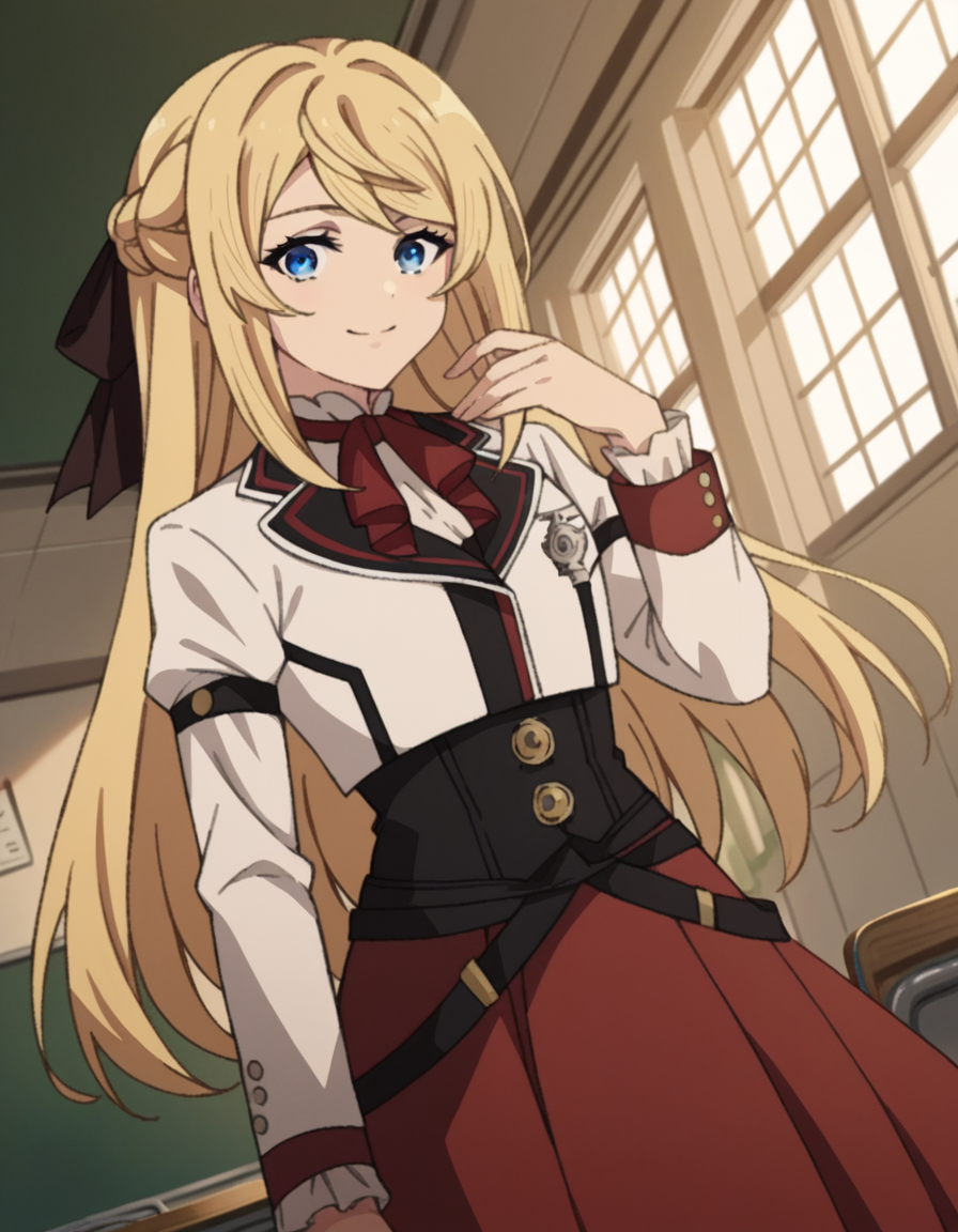 score_9, score_8_up, score_7_up, source_anime,
arielanemoiasura, <lora:ariel-anemoi-asura-s2-ponyxl-lora-nochekaiser:1>,
ariel anemoi asura, long hair, blue eyes, blonde hair, braid, french braid,
skirt, long sleeves, pantyhose, frills, shoes, red skirt, loafers, white pantyhose, blazer, white blazer, corset, black corset,
indoors, classroom, smile,
looking at viewer, dutch angle, cowboy shot,