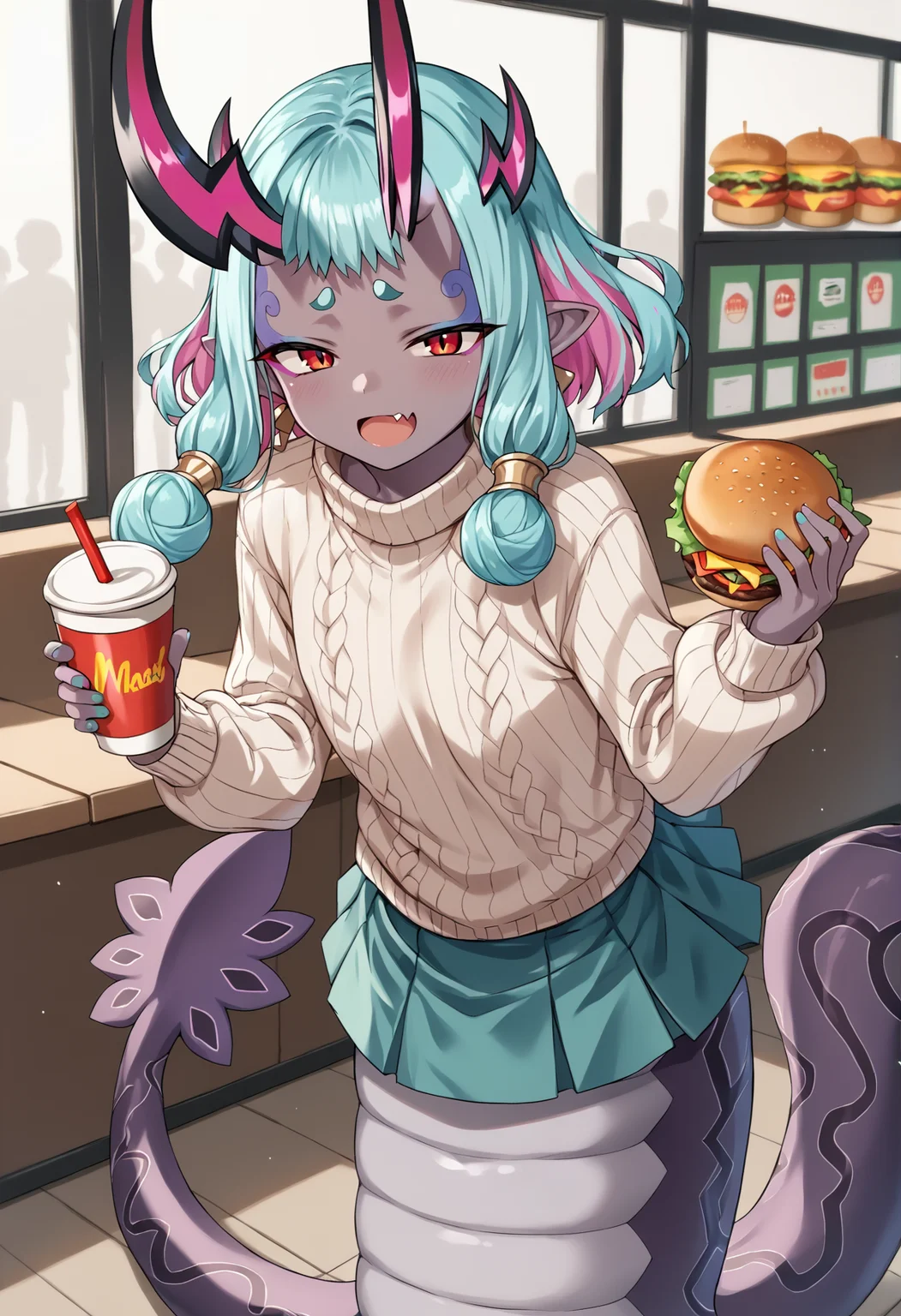1girl, lamia, monster girl, darj skin, grey skin, colored skin, short hair, multicolored hair, aqua hair, pink hair, sidelocks, red eyes, makeup. eyeliner, oni, horns, earrings, ((sweater)), skirt, holding drink, holding burger, open mouth, fang, indoors, mcdonald's, <lora:Ibuki_douji:1>, score_9, score_8_up, score_7_up, score_6_up, score_5_up, score_4_up, BREAK source_anime, masterpiece