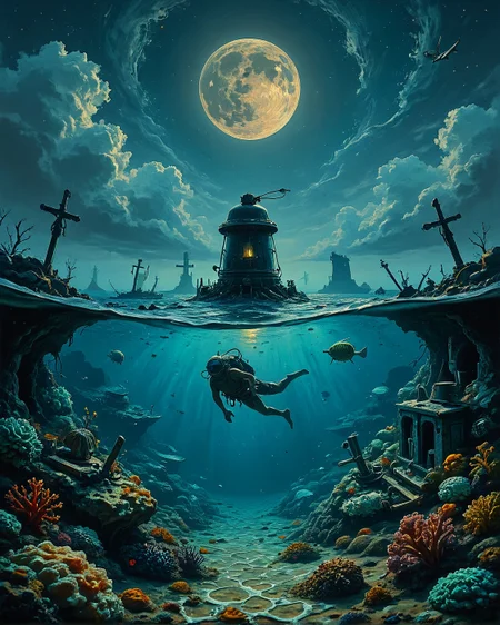 Sea Landscape, Creator Landscape,
Nicholas Roerich (mystic oceans), Shipwreck graveyard on shallow reef, moon snail sand collars. brass diving bell abandoned, gannet plunge diving,
<lora:ClassipeintXL2.1:0.312> oil painting,
<lora:extremely_detailed:0.762> extremely detailed,
<lora:add-detail-xl:0.257>,
<lora:dreamshaperXL10_lora:0.561>,
<lora:Flux-XL_Scenery: 0.834> flux-scenery,
detailxl,
advntr,