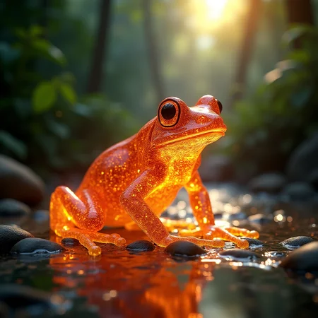a closeup of a translucent glass frog that is also on fire. RTX graphics, realistic 3d render. high detail, jungle background next to a river full of glitter, bright sun illuminating the scene. award winning digital composition.
