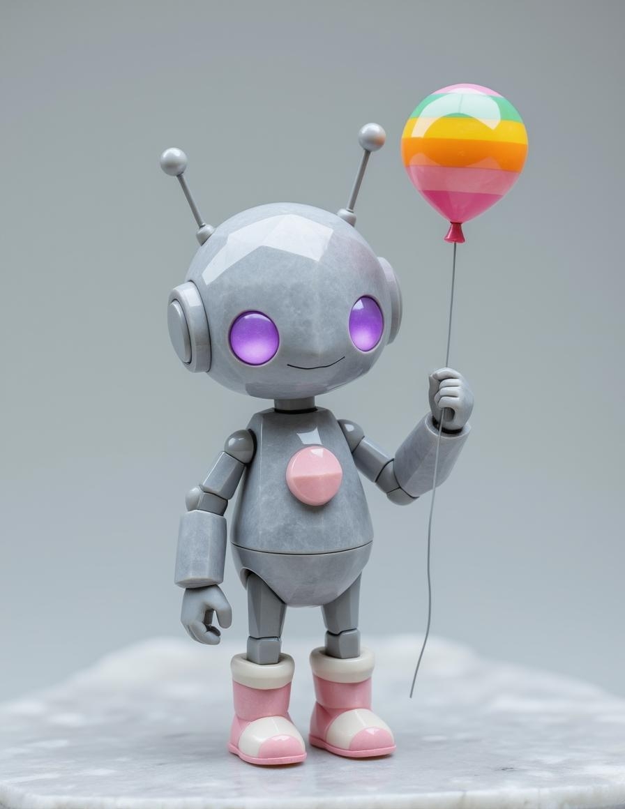 <lora:ck-polygon-gems-0019.safetensors:1> a crafted gemstone model in the style of cklg featuring a
A grey-sphere robot with large purple eyes and small antennas on its head stands on a plain grey background. It holds a striped rainbow balloon in one hand and rests the other on its hip, sporting pink and white boots. Its metallic body is sleek and shiny, with a small circular chest plate and thin limbs. The overall aesthetic is that of a cartoonish, child-friendly design, with an airbrushed finish and soft lighting. No shadows or watermarks mar this smooth, rounded form, exuding a friendly, happy expression.