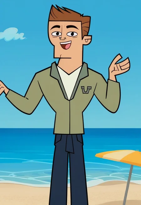 Score_9, cartoon source, toon source, DON, 1boy, solo, Brown hair, black eyes, thin eyebrows, black pupils, round pupils, light green shirt, white shirt, blue pants, happy, beach, blue sky, sunny.
