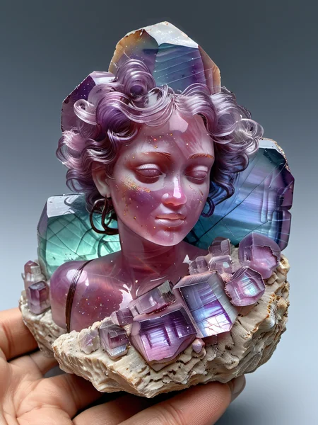 (photorealistic), <lora:Fluorite_Mineral_SDXL:1> fluorite mineral, iridiscent, flu0rite woman