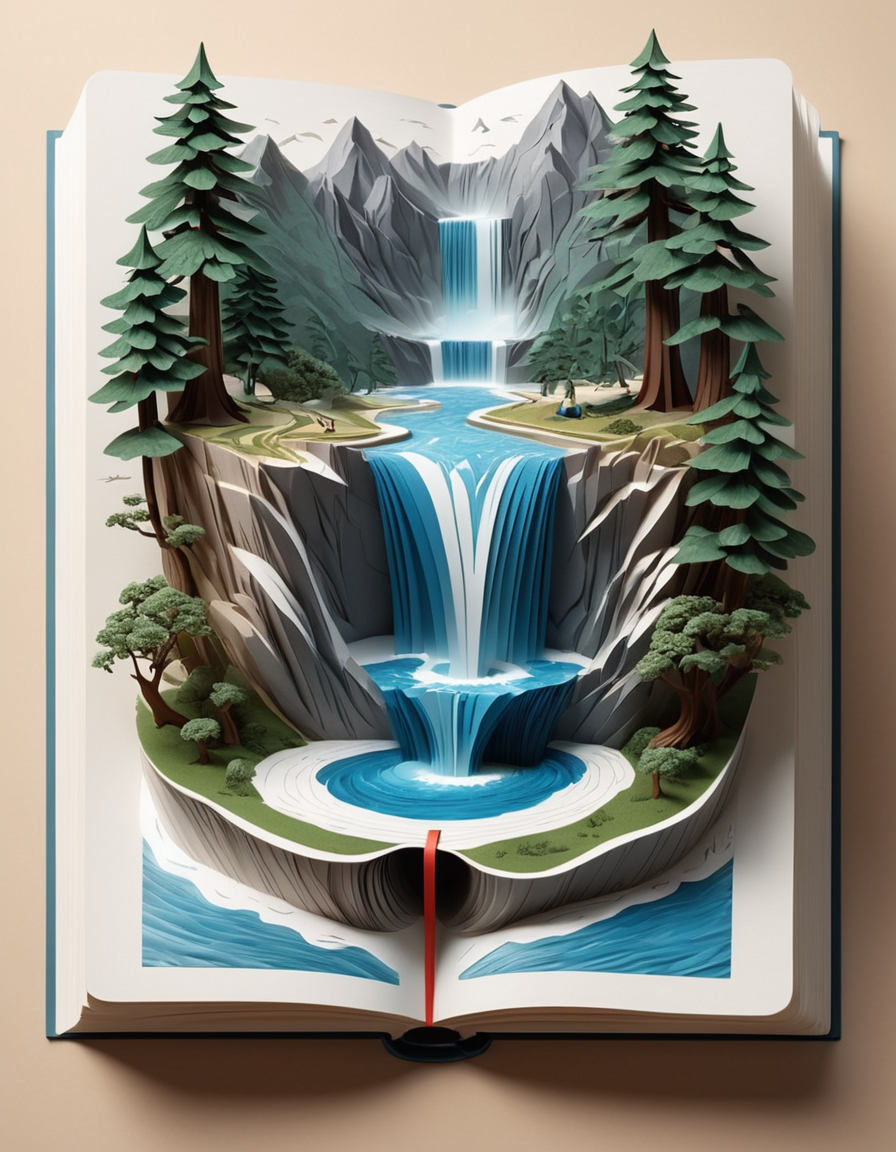 Thick layered papercut art of <lora:CivitAI__Style_Fusion_-_FFusionAI_Entry_64DIM:0.75> FFusionAI Style, CivitAI,3d waterfall in a book with a map, 3 d epic illustrations, hyperrealistic illustration, 3 d illutration, detailed digital 3d art, photorealistic 3d artwork, realistic 3 d style, photorealistic illustration, highly detailed 3 d art, 3d matte illustration, hyperrealistic composition, hyperrealistic landscape, water art manipulation, surreal  highly detailed . Deep 3D, volumetric, dimensional, depth, thick paper, high stack, heavy texture, tangible layers