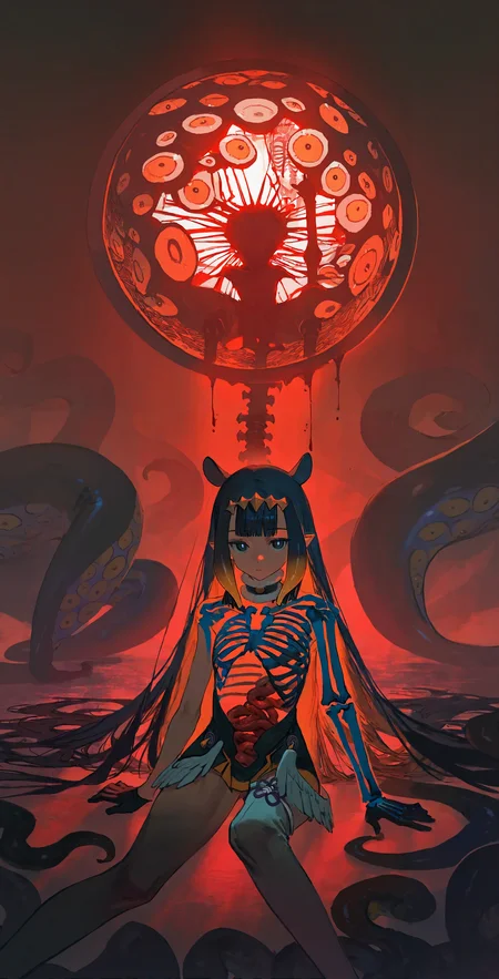 masterpiece, newest,
official art, (ciloranko:0.5), alzi xiaomi, (cutesexyrobutts, quasarcake:0.5),
1girl, see-through body, skeleton, intestines, ninomae ina'nis,
horror \(theme\), red theme, sitting, pose, long hair, tentacles, blood, too many eyes,
white pupils, staring,
<lora:concept_hollowbody-ill_1:1>