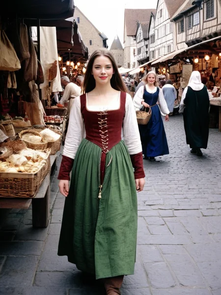 Analog photo of Nellie_LaPlace_P_MXAI_SDXL wearing a medieval peasant dress, walking through a medieval city market