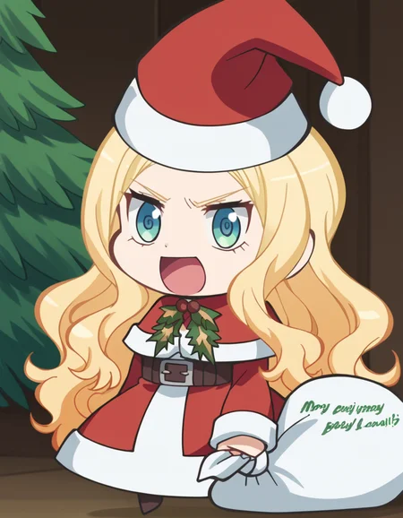 score_9, score_8_up, score_7_up, source_anime, <lora:irina-jelavic-s1s2-ponyxl-lora-nochekaiser:1>, irina jelavic, long hair, blonde hair, large breasts, anime screencap,, <lora:padoru-ponyxl-lora-nochekaiser:1>, padoru, padoru (meme), holding sack, sack, santa hat, meme, christmas, open mouth, chibi, red capelet, santa dress, capelet, fur-trimmed headwear,, , dutch angle, cowboy shot