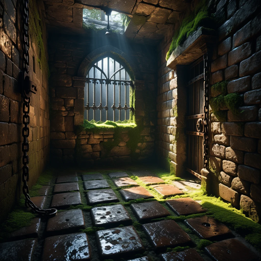 A dark and grim medieval castle dungeon, designed for imprisoning captives. The walls are made of aged, damp stone bricks, cracked and worn with time, with patches of moss and moisture seeping through. The small, claustrophobic space is lit by a single flickering torch mounted on the wall, casting long, eerie shadows across the room. Rusted iron bars form a heavy prison door with a corroded lock and hinges, partially ajar or firmly shut. The floor is rough, uneven stone, covered in dirt and faint stains, hinting at years of suffering. Chains hang loosely from rusted hooks embedded in the walls, their metal corroded and worn. In one corner, a small, grated window lets in a thin sliver of cold, pale light, emphasizing the dungeon's oppressive and hopeless atmosphere. The air feels damp, stale, and heavy with silence, evoking a chilling sense of isolation and despair.
<lora:SDXLFaeTastic2400:0.4> <lora:extremely_detailed:0.4> extremely detailed, Masterpiece,best quality,hi res,8k,hi res,8k,award winning,(sharp focus, intricate, highly detailed),