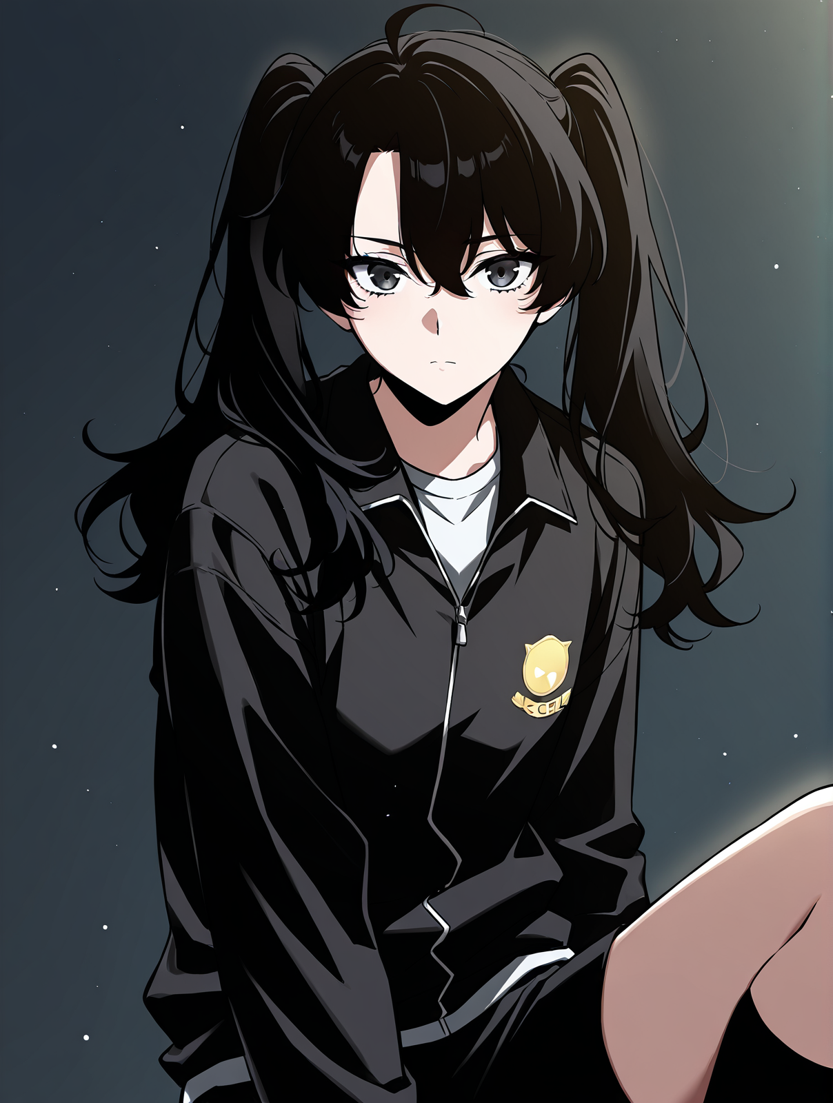 <lora:Omniscient_Readers_Viewpoint__Yoo_Mia:1>
1girl, solo, black hair, long hair, twintails, low twintails, hair between eyes, ahoge, black eyes, 
black zip jacket, white shirt underneath, black shorts, black socks,
score_9, score_8_up, score_7_up, score_6_up, source_anime, rating_explicit, masterpiece, best quality, intricate details, gothic fantasy, upper body portrait, dramatic pose, confident gaze, cinematic lighting, clean background, glowing magical particles, detailed face, vibrant colors