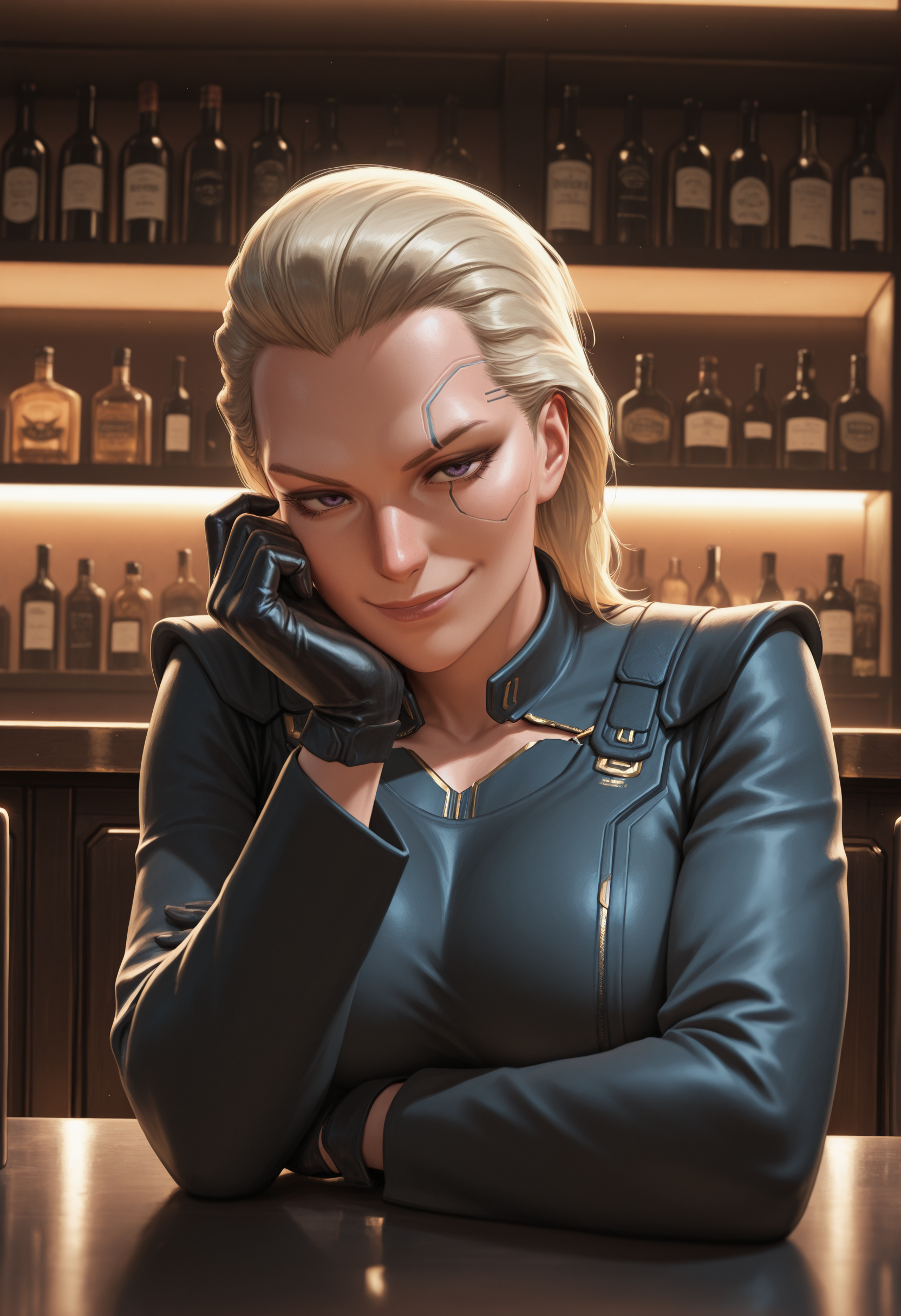 masterpiece, best quality, amazing quality,,<lora:meredithIllustrious:1>,
meredithstout, corpooutfit, resting head on hand, black gloves, upper body, smirk, bar, leaning on table,