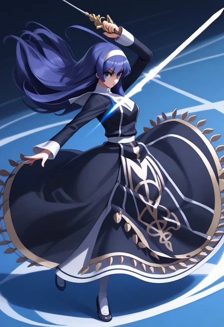 score_9, score_8_up, score_7_up, source_anime, 1girl, ORIE BALLARDIAE, ORIE BALLARDIAE REGULAR CLOTHES, SWORD, RAPIER, HOLDING WEAPON, kick