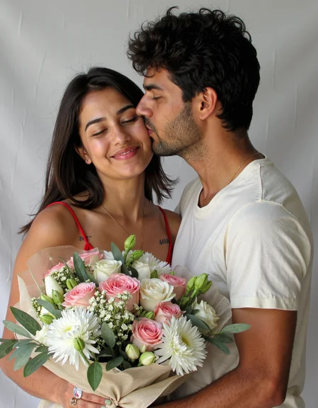 In a medium shot with a frontal view, a couple stands close together against a soft, neutral backdrop, with the man leaning in to kiss the woman's cheek. They are holding a large bouquet of flowers between them, creating a warm and affectionate moment. The lighting is soft and diffused, eliminating any harsh shadows, and the color palette is made up of soft pastels from the flowers, with warm skin tones that add to the intimate atmosphere. The woman has a medium-light skin tone, and her skin texture is highlighted by the natural lighting, revealing a few small, subtle imperfections like fine pores and faint acne scars on her cheeks. Thereâs a slight sheen on her skin, particularly across her forehead and cheeks, indicating a healthy, natural glow. Her skin has a soft, supple quality, with some visible redness around her nose and cheeks, adding realism to her appearance. Her smile is gentle, with her eyes closed as she enjoys the affectionate kiss. The light interacts delicately with her skin, enhancing its texture without appearing overly smooth. A delicate tattoo is visible on her shoulder and arm, providing additional details that add character to her look. Her dark brown hair falls in loose, soft waves around her shoulders, with a few strands catching the light and creating gentle highlights. She wears a simple red top that contrasts nicely with the bouquet she holds, the vibrant color drawing attention to her in the scene. She also has a subtle gold necklace and small hoop earrings, which catch the light subtly, adding to the overall softness of the moment. The man has slightly tan skin with a warm undertone, and his face is mostly obscured by his affectionate gesture, though part of his profile and textured hair are visible. His skin has a smooth appearance, with a few natural pores visible around his cheeks. His dark, curly hair frames his face, and he wears a simple, casual off-white t-shirt, allowing the focus to remain on the couple and the flowers. The bouquet they are holding is filled with a variety of flowers in soft, pastel tonesâpinks, whites, and greensâwrapped in a delicate, translucent material that adds a textured, elegant element to the scene. The flowers add a splash of color that contrasts softly with the neutral background and their outfits, enhancing the overall composition. The lighting is soft and even, highlighting their facial features and the details of the flowers without any harsh contrasts. The white background helps the subjects and the bouquet stand out clearly, with the diffused light bringing out the natural tones in their skin and the soft colors in the bouquet. The image quality is sharp and well-balanced, with no visible artifacts or technical flaws, enhancing the intimate, tender atmosphere <lora:amateurphoto-v6-forcu:0.8>