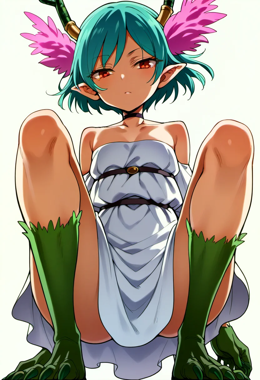 score_9, source_anime, score_8_up, score_7_up,simple background,white background,squatting,spread legs,from below,<lora:qcontrol_v2-000070:1>,qcontrol,1girl,solo, white dress,strapless,green claws,