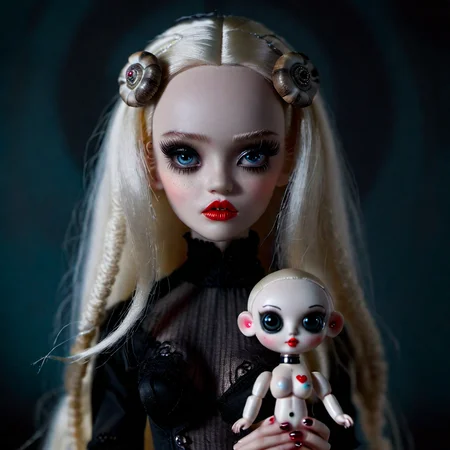 <lora:add-detail-xl:0.8> beautiful young norwegian gothic woman holding voodoo doll, in the style of Lsd magic mushrooms, Dollhouse Aesthetics 1080p, (mark ryden 1.3), 128k, babycore style, fullbody, long blond hair, indigo eyes, wearing diamond glasses, perfect eyes, perfect features, perfect hands, perfect body, 128k, 1080p, cinematic quality, cinematic lighting, voodoo, sinister, diabolical, testp, stunningly beautiful, maxim, hyper realistic details, lEICA SL2 50mm F 1.4 kit,mirrorless lens, <lora:bigeyes-xl-v1:0.8> big eyes, anime eyes <lora:Dark_Futuristic_Circuit_Boards:0.8> circuitboard, dark futuristic <lora:Larry Carlson Style:0.8> Larry Carlson Style page <lora:RMSDXL_Darkness_Cinema:0.8> <lora:RMSDXL_Enhance:0.8> <lora:popovy_SDXL-fashion-doll-000006:0.8> Fashion Doll