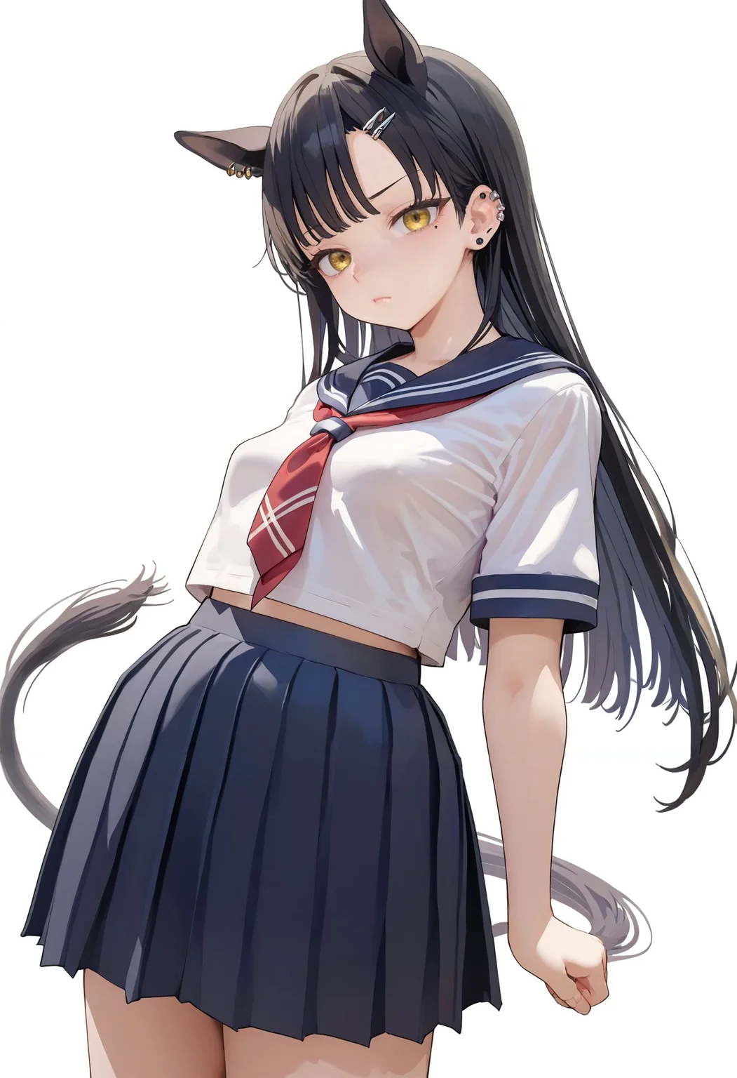 score_9,score_8_up,score_7_up, <lora:jima_style_pdxl_goofy:1>1girl, alternate costume, animal ears, asymmetrical bangs, black hair, black skirt, breasts, closed mouth, cowboy shot, eyebrow piercing, horse ears, horse girl, horse tail, long hair, looking at another, looking at viewer, piercing, school uniform, shirt, short sleeves, simple background, skirt, small breasts, solo, tail, tail through clothes, white background, white shirt, yellow eyes