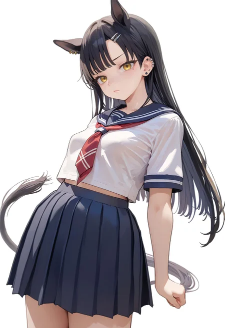 score_9,score_8_up,score_7_up, <lora:jima_style_pdxl_goofy:1>1girl, alternate costume, animal ears, asymmetrical bangs, black hair, black skirt, breasts, closed mouth, cowboy shot, eyebrow piercing, horse ears, horse girl, horse tail, long hair, looking at another, looking at viewer, piercing, school uniform, shirt, short sleeves, simple background, skirt, small breasts, solo, tail, tail through clothes, white background, white shirt, yellow eyes