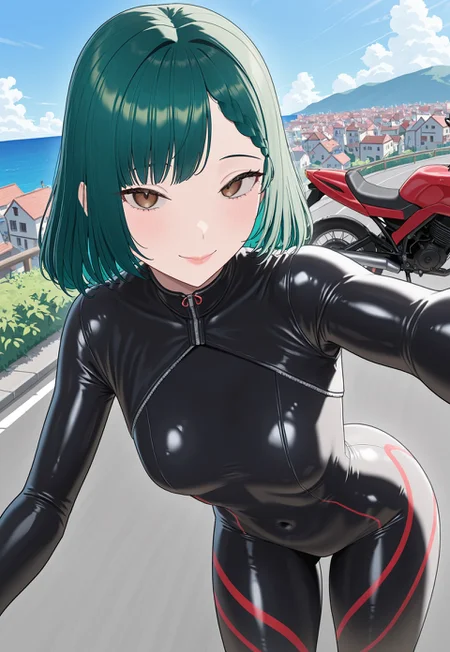 safe_pos, 1girl, Rin, Rinh, medium hair, green hair, brown eyes, braid, small breast, almost flat chest, smile, bike suit, black outfit, red lines, tight outfit, motorbike outfit, masterpiece, best quality, absurdres, highres, newest, road, town in the distance, sea, blue sky, bike, leaning, solo, day, daylight, detailed eyes, detailed lips, best_quality, close up, cowboy shot