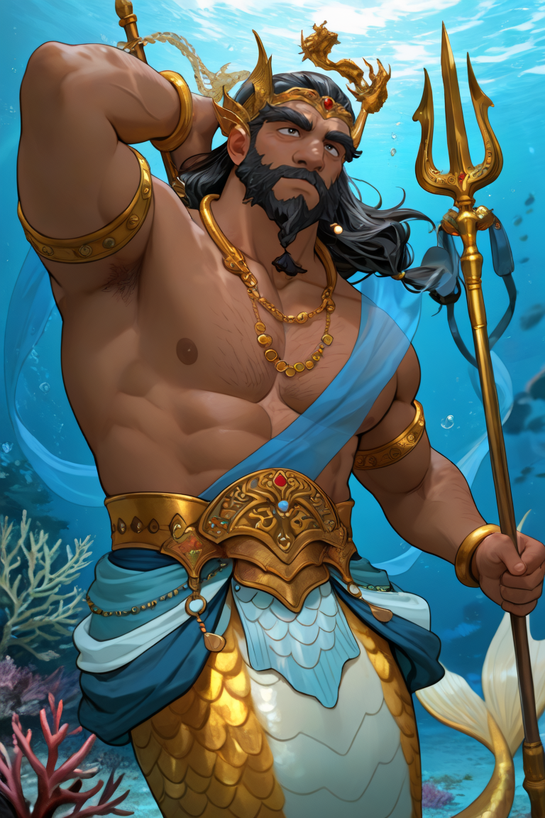 best quality, amazing quality, very aesthetic, absurdres, newest, dynamic angle, intricately detailed illustration, depth of field, masterpiece, volumetric lighting, expressive, dynamic action, masterpiece, perfect, clean detail, clean lines, smooth shading, 
BREAK,  simple background, regal pose, underwater, holding trident,
BREAK, 1boy, male focus, solo,coralkrakatoa,black hair,greying hair,long hair,beard,braid,dark skin,thick eyebrows, adult, mature, bara, bulky, merman, gold scales, beard ornaments, crown, armlet, gold bracelets, gold dragon necklace, ornamental gold belt, blue sash, 