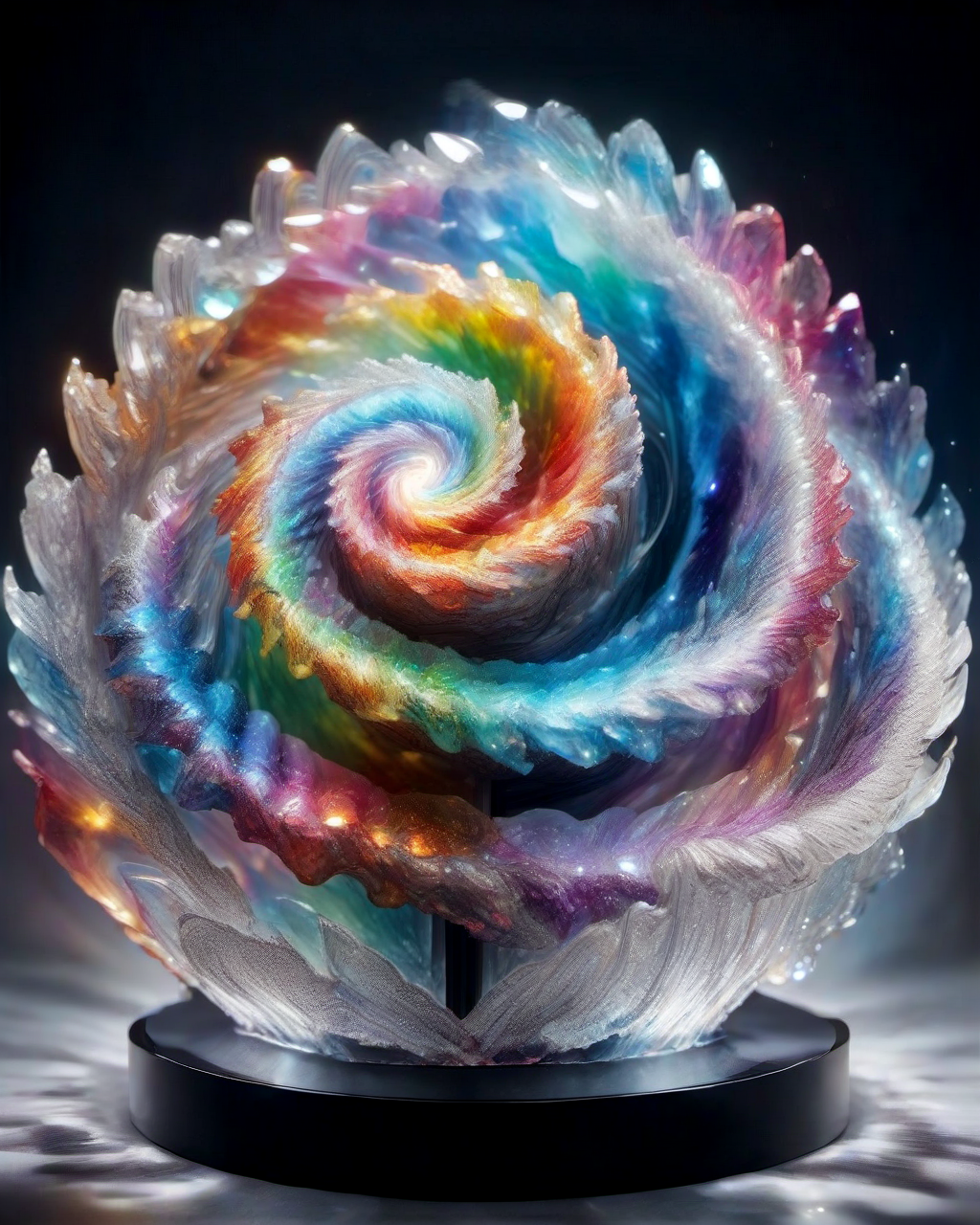 (Masterpiece, Best Quality, realistic, 4k, Highres:1.2), statue transparency crystal,an statue of rainbow spiral galaxy made entirely of crystal crystal facets, (crystal with facets), shiny, glass, on top of a table