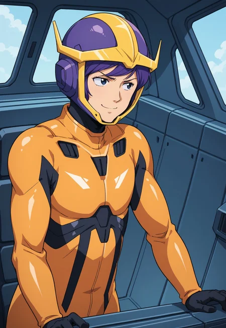 score_9, score_8_up, score_7_up, source_anime, cowboy shot, side view, BREAK, ( garma_zabi, black eyes, violet hair, best eyes, looking to the side, pilot suit, helmet on, smug expression, hands on controls, ) 1boy, male focus, solo, BREAK, cockpit, bright sky outside window,