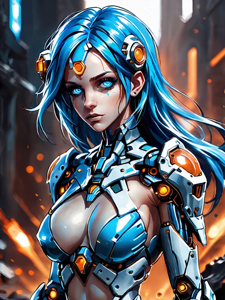 ( cyborg, weapon), super detailed,blue hair, breast, Accent Lighting, ultra detailed science fiction, technological (ergonomic:1.2), super Resolution,Clarity, Sharpness, Clarity, (Nuances:1.2), Accuracy, Volume, <lora:poster80sav_SDXL:0.75>