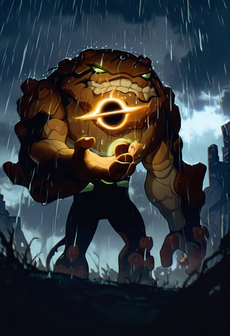 masterpiece, best quality, amazing quality, very aesthetic, absurdres, newest,, detailed background, 
 movie scene, cinematic scene, cinematic, 
gravitack, crooked teeth, 1boy, armor, monster, green eyes, solo, massive arms, big hands, brown skin, 
HoldingBlackHole, hand up,, night time, heavy rain, grey sky, puddles, rtx, cloudy sky,