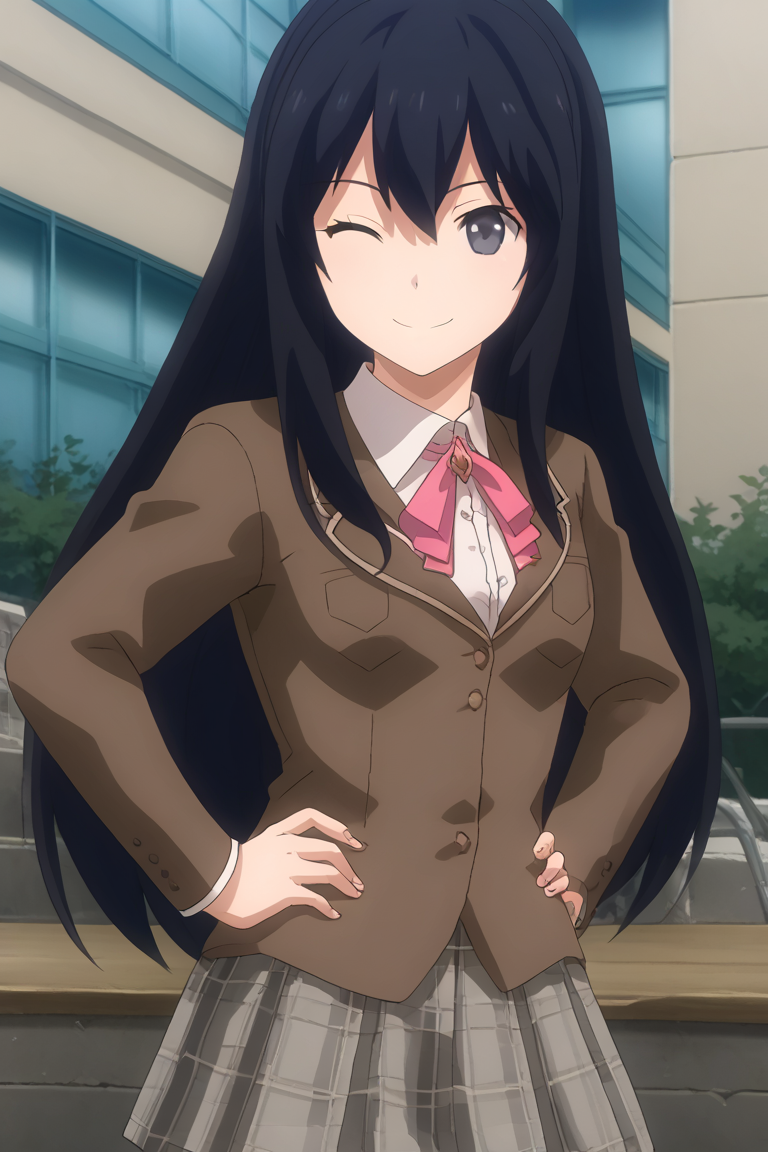 1girl, solo, ayamenb, black hair, long hair, black eyes, brown blazer, white shirt, pink ribbon, neck ribbon, grey skirt, plaid skirt, school uniform, outdoors, school, campus, standing, cowboy shot, hands on hips, wink, smile