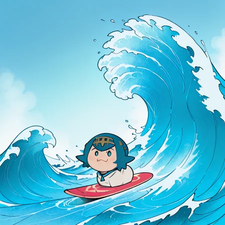 zzLana, yellow hairpiece, <lora:LanaPokemon_NAI:0.8> smile, looking at viewer, (surfing, wave, dynamic pose:1.2), ocean, T00CUT3, <lora:T00CUT3_IXL:1.0>,