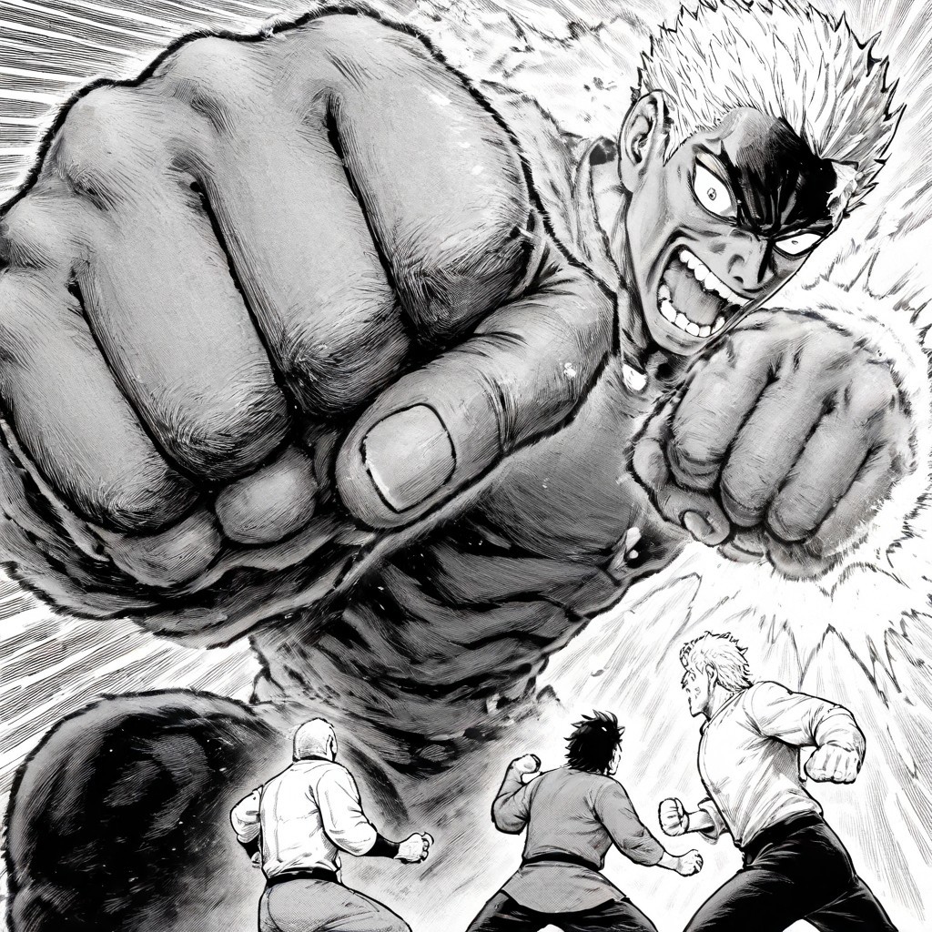 masterpiece, best quality, newest, absurdres, highres, EMPILV1.0, manga, monochrome, greyscale, OTV1.0, OTV1.0-OPM, fist, punch, punching, incoming attack, giant, size difference, height difference, 
2boys, multiple boys,