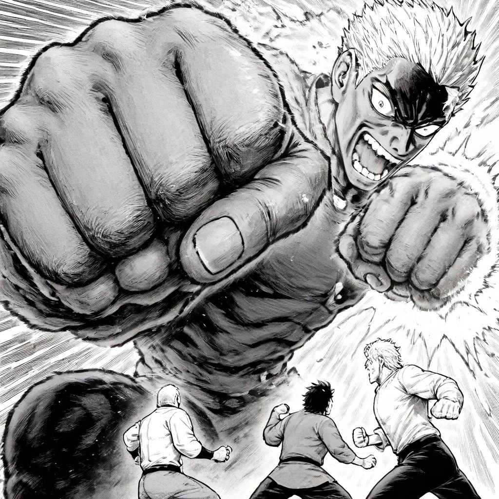 masterpiece, best quality, newest, absurdres, highres, EMPILV1.0, manga, monochrome, greyscale, OTV1.0, OTV1.0-OPM, fist, punch, punching, incoming attack, giant, size difference, height difference, 
2boys, multiple boys,