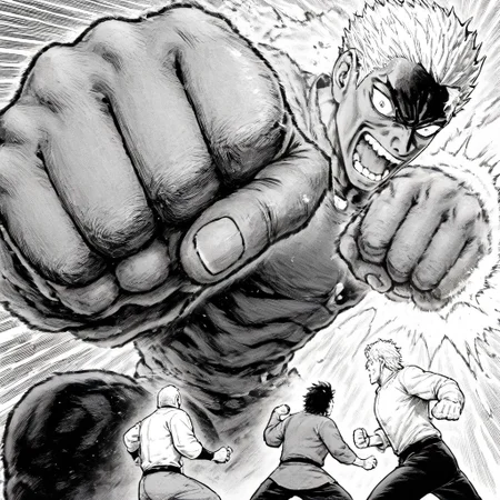 masterpiece, best quality, newest, absurdres, highres, EMPILV1.0, manga, monochrome, greyscale, OTV1.0, OTV1.0-OPM, fist, punch, punching, incoming attack, giant, size difference, height difference,
2boys, multiple boys,