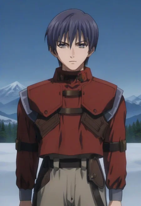 ((masterpiece)), ((best quality)), ((ultra-detailed)), ((absurdres)), score_9_up, score_8_up, score_7_up,
HD, top quality, best quality, amazing quality, High-quality illustrations, anime screencap, source_anime, best aesthetic, perfect proportions, perfect eyes, 1boy, 1male, solo boy, solo male, male focus, solo male focus, Anime, boy, male anime character, anime boy, handsome, sexy, cute, charming, ((looking at front, looking at viewer)), ((front shot, front view, view from front)), Rigardo, purple-gray hair, gray-silver eyes, gray pupils, gray irises, red top, ((face shot, face only shot, face focus)), ((snowy mountains background)), ((Claymore, Claymore anime style))
