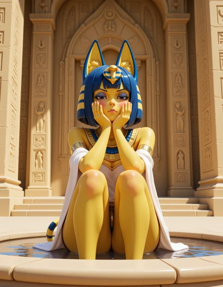 3d CGI Style in a wide shot. Looking at viewer, outdoors in daylight, explicit
She is a 25 year old mature woman, and adult, Embarrassed with flushed cheeks, hands covering part of the face, and eyes peeking downward. 
<lora:Animal_Crossing_-_Ankah_V2_000030:1> she is an  egyptian woman with yellow skin, with cat ears. Blue hair in a bob cut with blunt bangs, she is a furry female with a cat tail. Wearing a
Traditional Egyptian-style attire with gold and blue accents, reflecting ancient royalty.
A woman sits at the base of a large stone fountain, dipping her fingers into the cool water as she gazes at the intricate carvings surrounding her.