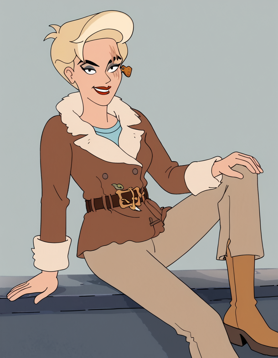 <lora:HarmonyPony1.0:1> harmony, 1girl, short hair,blonde hair, blue shirt, solo, scar across eye, makeup, ear tag, black eyes, coat,smile, red lips, belt,pants,boots lipstick,simple background,  score_9, score_8_up, score_7_up, score_6_up, score_5_up, score_4_up, looking at viewer,