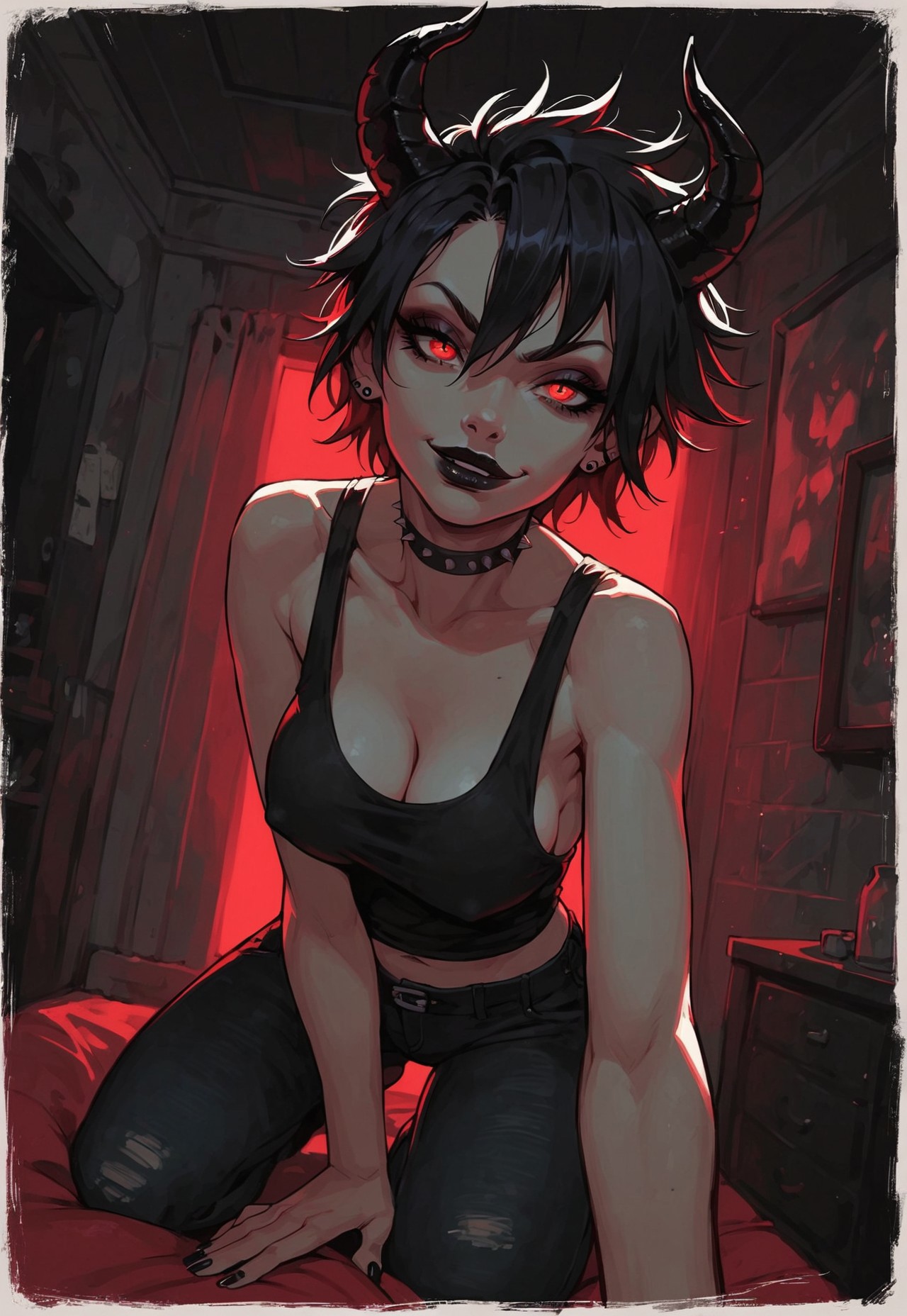 score_9, score_8_up, score_7_up, score_6_up, aesthetic ,  punk, demon, black horns, indoors, bedroom, pov,  night, punk shirt, black jeans. teasing expression, playful,  nipple peek, big eyes, solo,  dutch angle,  g0thicPXL,  (big lips:0.6), medium breasts, sideboob, choppy hair, short hair, cleavage, red eyes, red-black lips, smirk, downblouse, sagging breasts, solo, nipple bulge