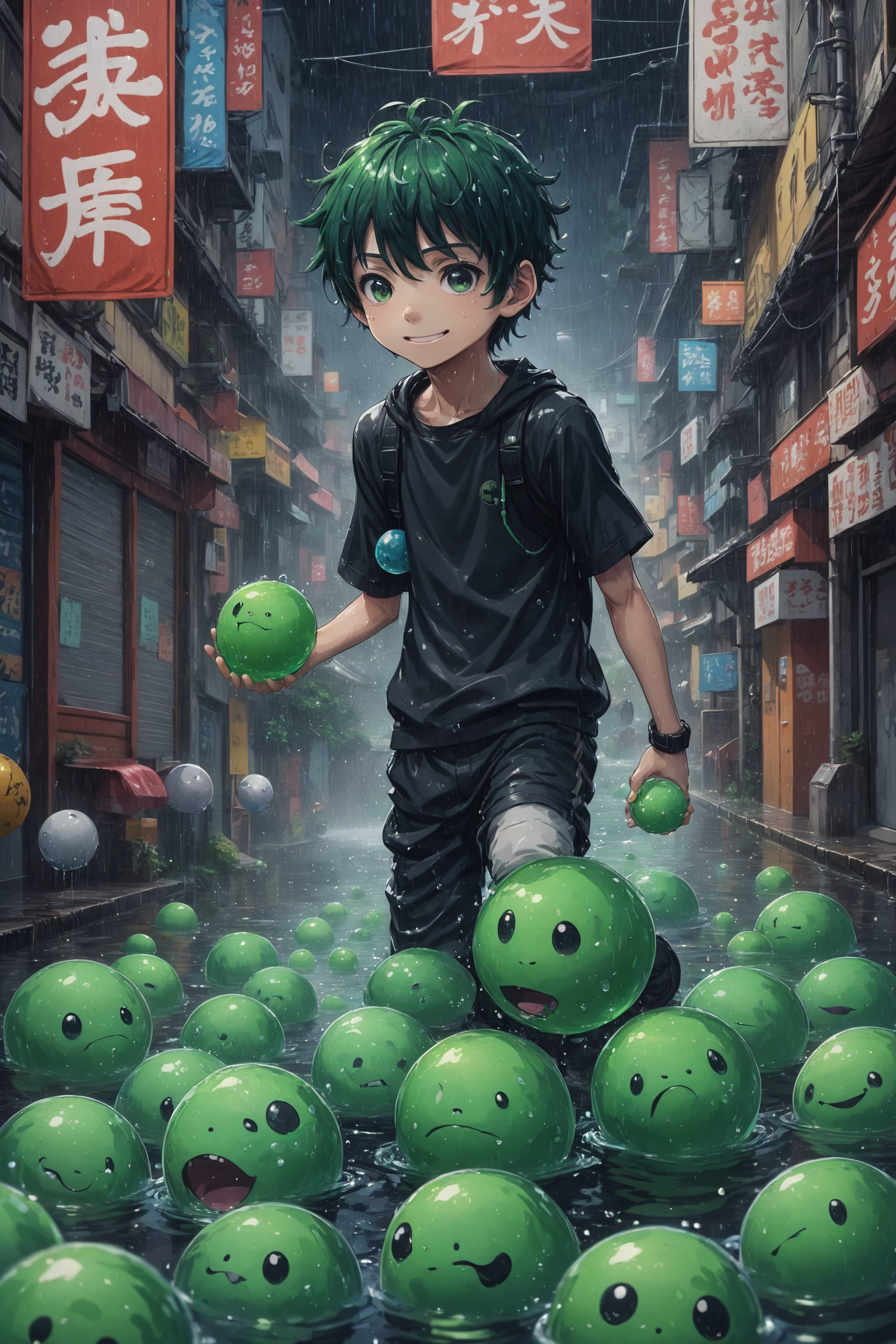 Shonen, Quaint, Texture, Primitivism, Slime, Zoomin  [cute ball creatures floating in water with different expressions  :8] [,anime boy looking wearing a techwear outfit, holding a  ball with a face on it:8]  [,confident smug happy : 7] [,rain :10]