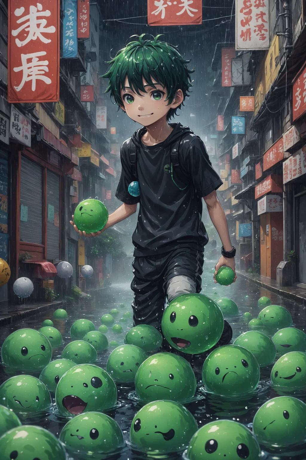 Shonen, Quaint, Texture, Primitivism, Slime, Zoomin  [cute ball creatures floating in water with different expressions  :8] [,anime boy looking wearing a techwear outfit, holding a  ball with a face on it:8]  [,confident smug happy : 7] [,rain :10]
