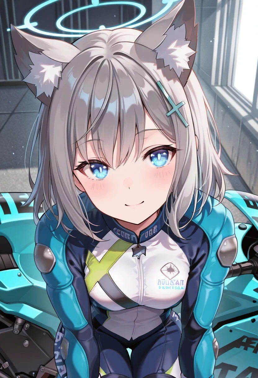 masterpiece, score_9, score_8_up, score_7_up, EasyNegative_v2, (best quality:1.1), ultra-detailed, high resolution, super detailed skin, beautiful detailed eyes, nsfw, Brightly Lit, Highly Visible, 8k, sharp focus, beautiful, perfect lighting, beautiful eyes, anatomically correct, anatomically correct face, extremely detailed eyes, smooth edges, beautiful face, source_anime, biker clothes, boots, aqua bikesuit, knee pads, 1girl, face focus, elbow pads, gloves, ground vehicle, motorcycle, biker clothes, bikesuit, helmet, motorcycle helmet, gloves, boots, knee pads, elbow pads, shirokobikeBA, wolf ears, medium hair, animal ear fluff, halo, green gloves, cross hair ornament,