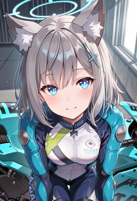 masterpiece, score_9, score_8_up, score_7_up, EasyNegative_v2, (best quality:1.1), ultra-detailed, high resolution, super detailed skin, beautiful detailed eyes, nsfw, Brightly Lit, Highly Visible, 8k, sharp focus, beautiful, perfect lighting, beautiful eyes, anatomically correct, anatomically correct face, extremely detailed eyes, smooth edges, beautiful face, source_anime, biker clothes, boots, aqua bikesuit, knee pads, 1girl, face focus, elbow pads, gloves, ground vehicle, motorcycle, biker clothes, bikesuit, helmet, motorcycle helmet, gloves, boots, knee pads, elbow pads, shirokobikeBA, wolf ears, medium hair, animal ear fluff, halo, green gloves, cross hair ornament,