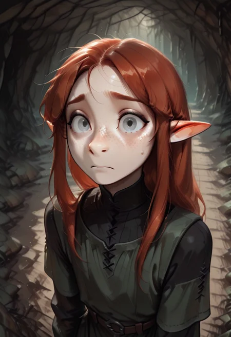 1person, solo, Lapanya, Malgha, freckles, pointy ears, Long-sleeve black shirt, green tunic,
looking to the side, looking away from viewer, high angle, nervous expression,
Underground, organic cavern,
Masterpiece, high quality, highly detailed, perfect eyes, detailed freckles,