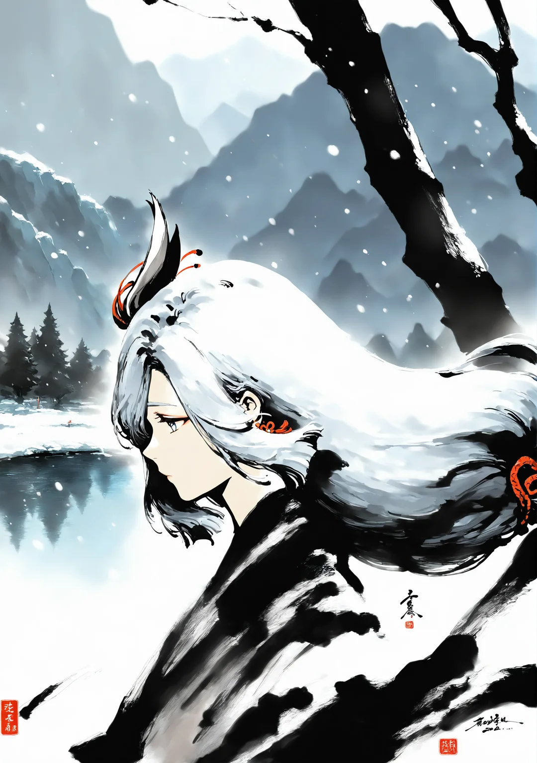 masterpiece,best quality,<lora:yi-noob:1>,ink wash painting,
mountain,tree,lake,snowing,snow,ice,
1girl,shenhe \(genshin impact\),solo,upper body,