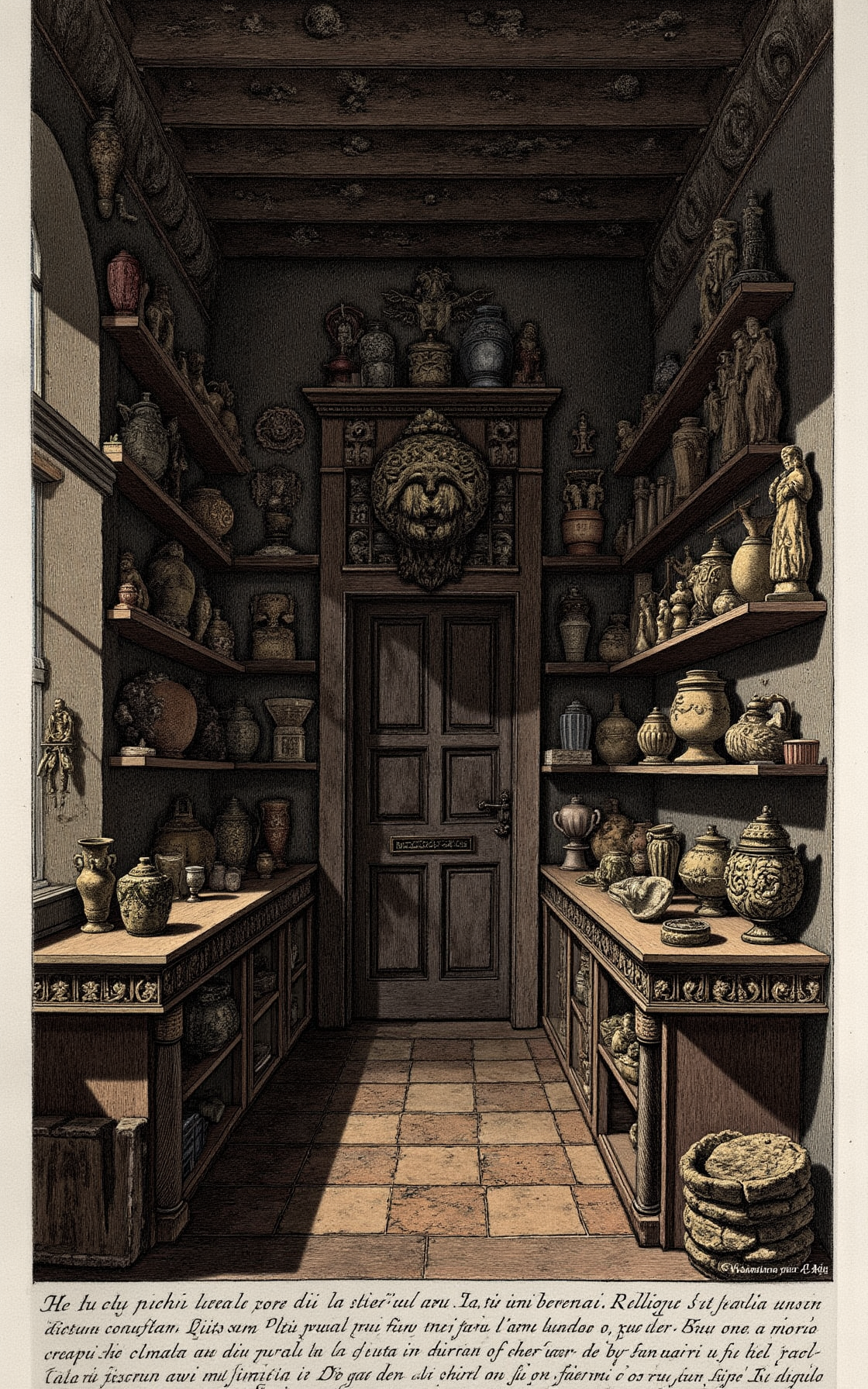 YFG-Pira, Create a detailed etching-style image of a dusty, antique shop interior, with rows of ancient pottery, intricately decorated jugs, and worn stone statues on wooden shelves, set against a darkened background, reminiscent of Giovanni Battista Piranesi's Prison Etchings, but instead of prisons, the scene features a cluttered, mysterious storehouse of forgotten relics and artifacts, with soft, warm lighting casting deep shadows, emphasizing textures and highlighting the intricate details of old ceramic vessels, metal ornaments, and worn stone carvings.
