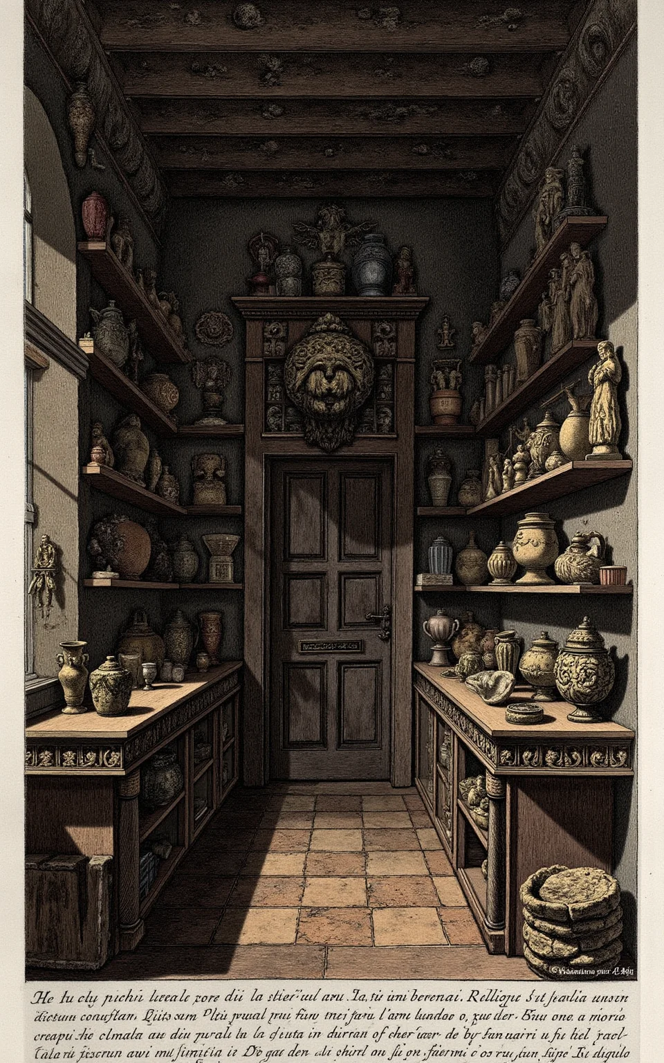 YFG-Pira, Create a detailed etching-style image of a dusty, antique shop interior, with rows of ancient pottery, intricately decorated jugs, and worn stone statues on wooden shelves, set against a darkened background, reminiscent of Giovanni Battista Piranesi's Prison Etchings, but instead of prisons, the scene features a cluttered, mysterious storehouse of forgotten relics and artifacts, with soft, warm lighting casting deep shadows, emphasizing textures and highlighting the intricate details of old ceramic vessels, metal ornaments, and worn stone carvings.