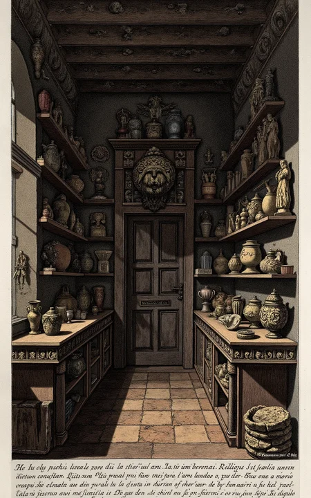 YFG-Pira, Create a detailed etching-style image of a dusty, antique shop interior, with rows of ancient pottery, intricately decorated jugs, and worn stone statues on wooden shelves, set against a darkened background, reminiscent of Giovanni Battista Piranesi's Prison Etchings, but instead of prisons, the scene features a cluttered, mysterious storehouse of forgotten relics and artifacts, with soft, warm lighting casting deep shadows, emphasizing textures and highlighting the intricate details of old ceramic vessels, metal ornaments, and worn stone carvings.