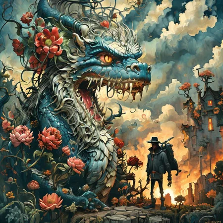 epic  detailed Dragon billy gibbons, agfa vista 200，Tsutomu Nihei，Hieronymus Bosch, cinematic Alexander Fedosavwide image,3d render realistic ancient  flower couple style of Dan Mumford, style of Mattias Adolfsson