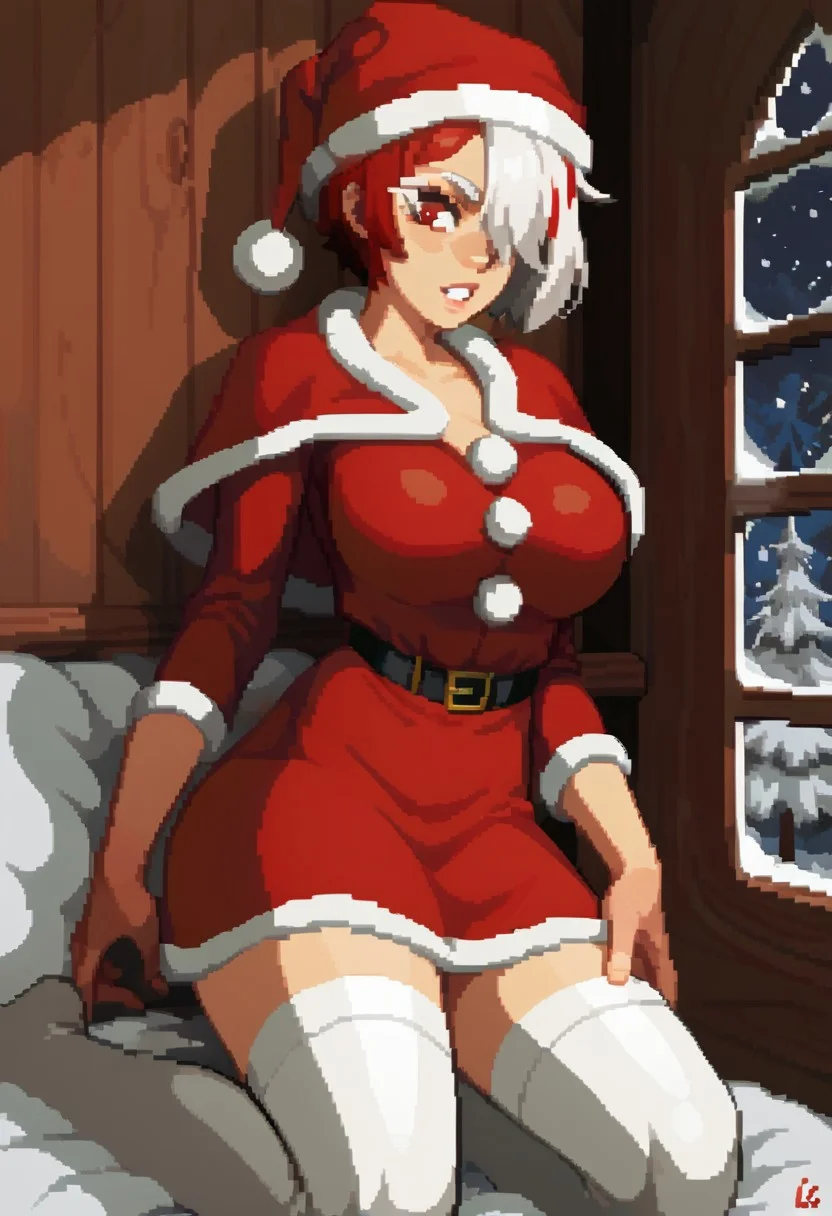 Score_9_up, score_8_up, Best quality, (pixel, pixel style, pixel art), 1girl, large breasts, white thighhighs, , red eyes, christmas, white fur trim, g santa costume, santa dress, indoors, fur-trimmed headwear, parted lips, lace trim, teeth, night, log cabin, red hair, white hair, white tips, , two-tone hair, very short hair, bob, tomboy, window, snowing ,hair over one eye, white eyelashes, colored eyelashes,, zPDXL3, detailxl, Score_PnyReal, (lineless:1.5), g0thicPXL, ldzxc_style