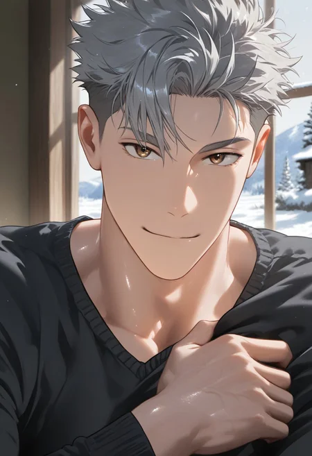 //General, masterpiece,best quality,amazing quality, source_anime, intricately detailed illustration, very aesthetic, absurdres, newest, anime coloring, subsurface scattering, , natural lighting, Expressiveh, detailed skin, shiny skin,aesthetics light, depth of field, vibrant colors,
//Fashion, black shirt, long sleeves,
//Background, castle interior, indoors, snow background outside the window,
//Others, 1boy, male focus, solo male, manly body,
//Action, looking at viewer, light smile, close up, upper body,
BREAK,
short hair, spiked hair, undercut, grey hair, brown eyes,