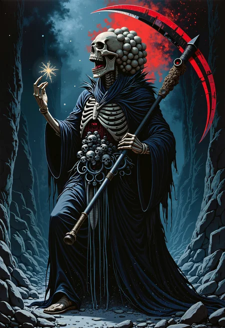 A hauntingly detailed oil painting with a photorealistic dark fantasy horror theme, blending Japanese art style influences with bold brushstrokes and expressive paint splatter effects. The scene depicts an enormous human skeleton, its towering frame adorned with countless smaller skeletons as macabre armor, their bony limbs dangling and swaying ominously. The torso is a grotesque latticework of ribcages and skulls, cracked open to reveal a chaotic jumble of dead matter within. The skeleton hunches forward, its left leg formed from a dog's femur, while its right leg remains humanoid, creating an unsettling, lopsided gait. A tattered, shadow-drenched cloak drapes over its form, bones and skulls protruding through the fabric like grim decorations. The skeletal hands grasp a colossal scythe, its blade jagged and menacing, with a handle carved from bones. The palette is dominated by deep, foreboding tones of dark savoy blue and crimson, with eerie, flickering lighting casting long shadows that amplify the horror. The atmosphere is thick with malevolence, every detail hyperdetailed to create an unsettling, nightmarish vision., Anime art, psychedelic drawing open mouth, horror, teeth, sharp teeth, smile, bangs, monochrome, tongue, tongue out, blood, horns,.,oil painting, photorealistic, dark fantasy horror, Japanese art style, paint splatter effects, enormous human skeleton, smaller skeletons as armor, ribcages and skulls covering torso, cracked open ribcage, dead matter inside, hunchback posture, dog's leg as left leg, humanoid right leg, lopsided gait, tattered dark cloak, bones and skulls protruding through fabric, skeletal hands, large jagged scythe, bone-carved scythe handle, dark savoy blue and crimson palette, eerie flickering lighting, long shadows, malevolent atmosphere, hyperdetailed, creepy, scary, nightmarish vision, haunting, bold brushstrokes, expressive paint splatter, macabre, chaotic, unsettling, grim decorations, shadow-drenched cloak, towering frame, dangling bony limbs, grotesque latticework, cracked open, chaotic jumble, dead matter, unsettling gait, tattered fabric, bones and skulls, grasping hands, jagged blade, menacing scythe, bone handle, deep tones, flickering light, long shadows, thick malevolence, eerie atmosphere, Anime art, psychedelic drawing open mouth, horror, teeth, sharp teeth, smile, bangs, monochrome, tongue, tongue out, blood, horns,.,<lora:Anime Art V3:0.515> Anime art,<lora:Psychedelic_CMYK:0.611> psychedelic drawing<lora:CinematicStyleFlux_v1:0.445><lora:HardCrashFlux:0.493> open mouth, horror, teeth, sharp teeth, smile, bangs, monochrome, tongue, tongue out, blood, horns